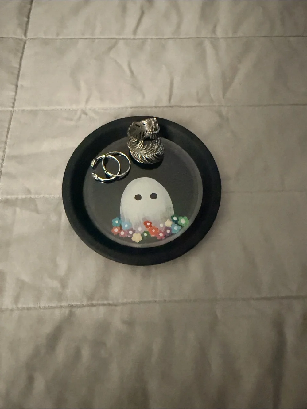 Hand-Painted Ghost Trinket Dish in Black with Colorful Flowers